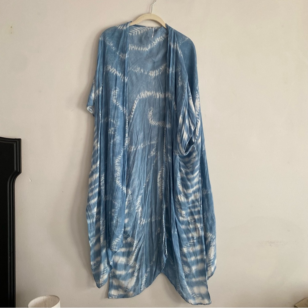 Modena Blue and White Tie-Dye Swim Coverup Beach Duster Cardigan One Size